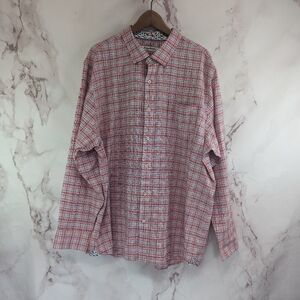 Tommy Bahama Shirt Mens XXL 2XL Pink Linen Plaid Blue Long Sleeve Button Up